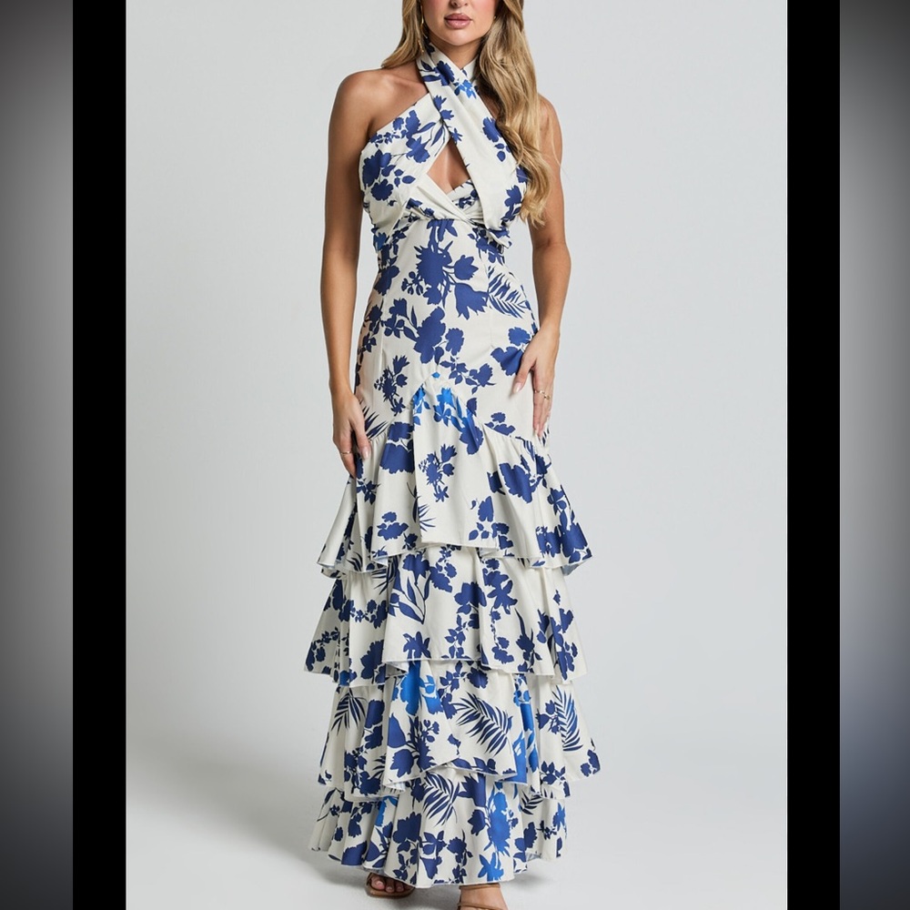 Talia Style Maxi Floral Blue and Cream Dress medium - Picture 1 of 10